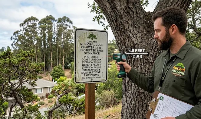 Oakland Tree Removal Permit: A Step-by-Step Guide 2 Certified arborist measuring protected tree diameter under Oakland protected tree ordinance guidelines before tree removal permit approval in Oakland CA