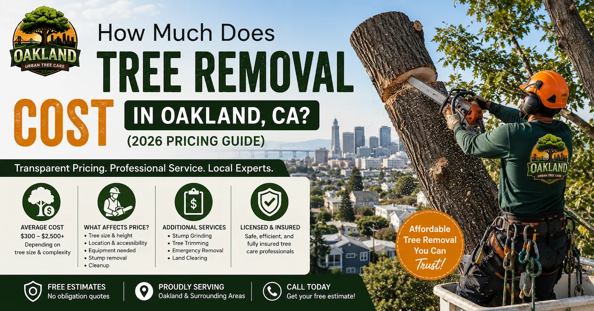 Blog 22 Tree removal cost guide in Oakland CA showing certified arborist cutting a large tree with 2026 pricing information for professional tree removal services