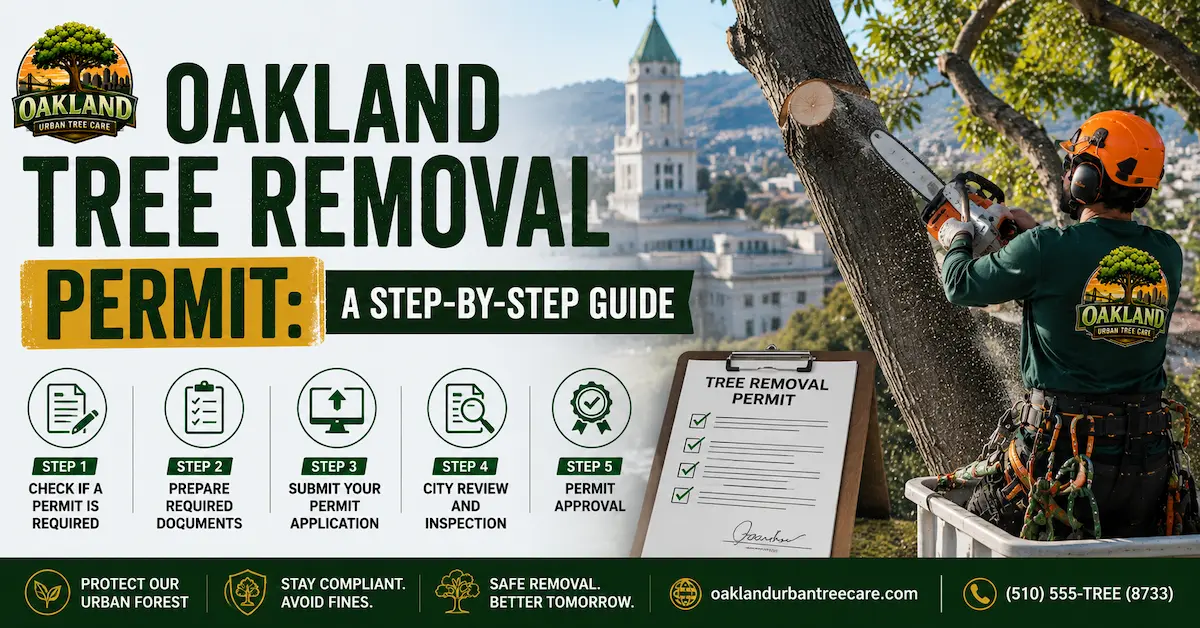 Oakland Tree Removal Permit: A Step-by-Step Guide 1 Oakland tree removal permit guide showing professional arborist removing a protected tree in Oakland CA with permit approval steps and safety process.