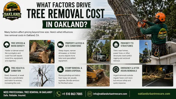 Infographic explaining what factors drive tree removal cost in Oakland CA including tree species, site access, tree health, stump grinding, debris disposal, and emergency tree removal services