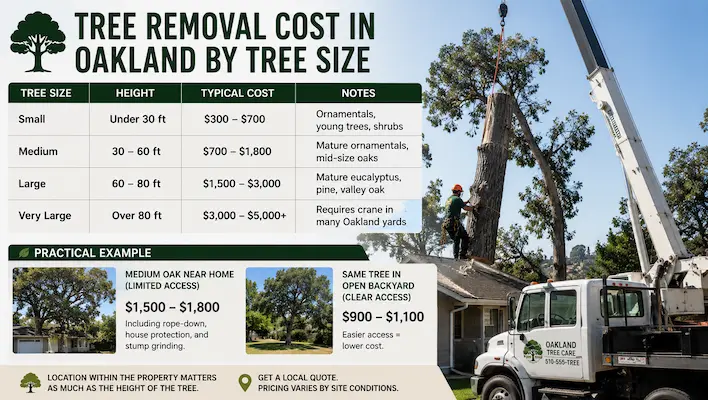 Infographic showing tree removal costs in Oakland by tree size, with pricing ranges, examples, and a crane removing a large tree near a house.