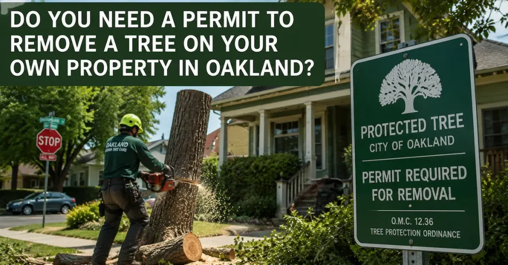 Do You Need a Permit to Remove a Tree on Your Own Property in Oakland? 1 Tree removal contractor cutting a protected tree outside a residential property in Oakland CA with Chapter 12.36 permit requirement sign displayed
