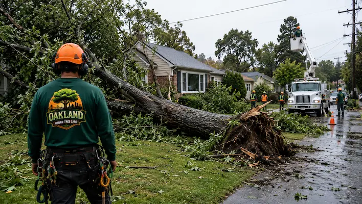 Emergency tree removal crew in Oakland CA inspecting a storm damaged fallen tree near power lines and residential homes after severe weather.