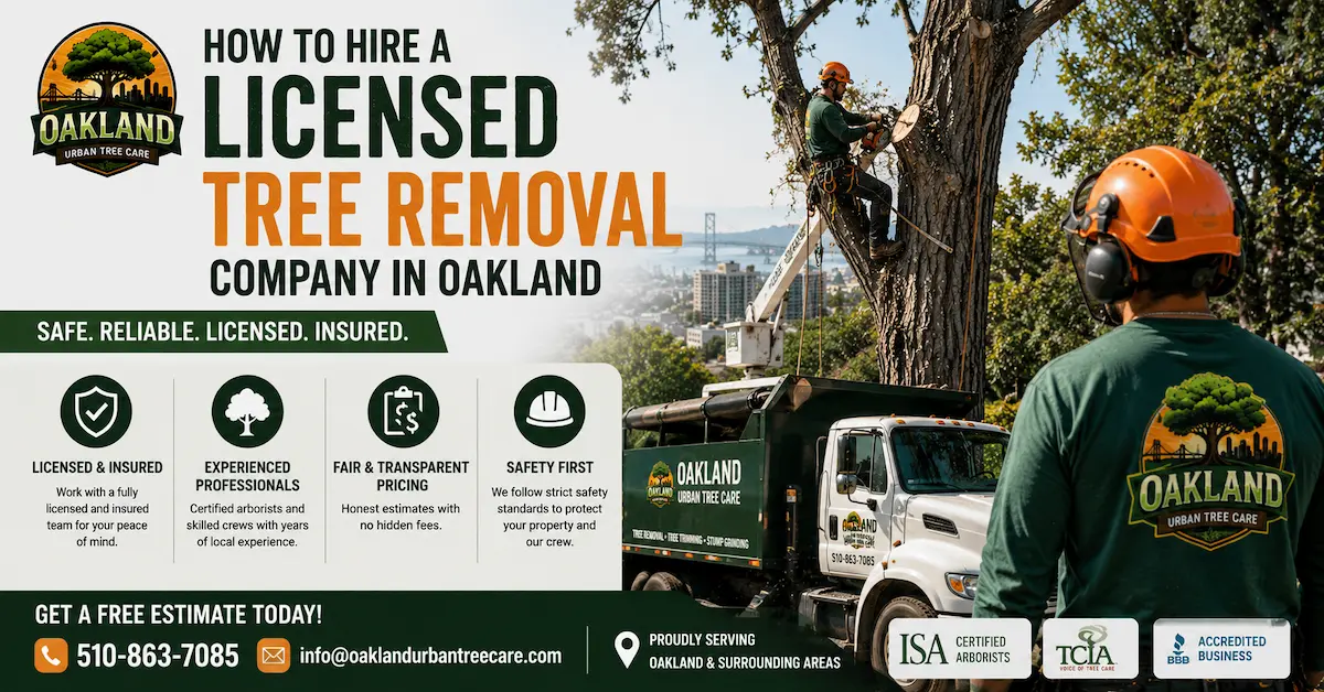 Blog 21 Licensed tree removal company in Oakland CA showing certified arborists performing safe tree removal services with bucket truck, safety equipment, and Oakland Urban Tree Care branding