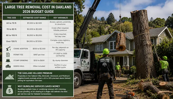 Large Tree Removal in Oakland: What Homeowners Need to Know 3 Large tree removal project in Oakland showing crane-assisted removal, crew operations, and cost factors affecting large tree removal pricing in 2026.