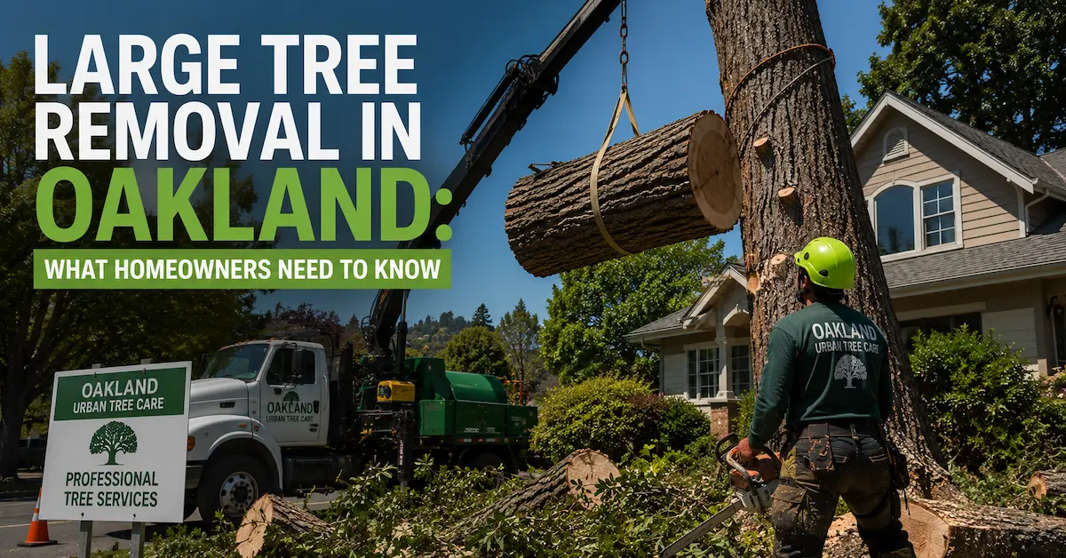 Large tree removal in Oakland, CA featuring certified arborists removing a mature tree safely near homes with professional equipment and crane support.