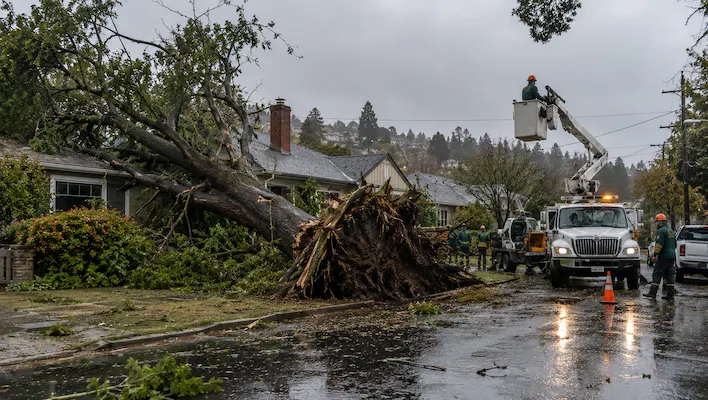 Storm damaged tree removal in Oakland CA showing emergency arborists clearing a large fallen tree near residential homes and power lines after severe weather.