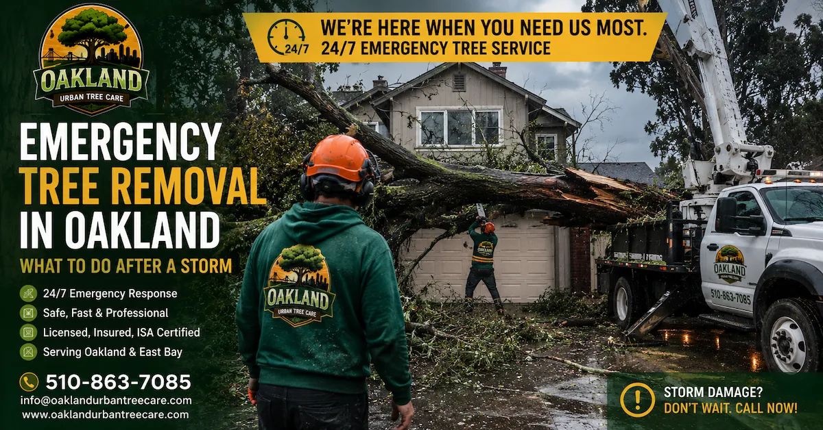 Blog 20 Emergency tree removal crew in Oakland CA removing a storm damaged tree from a residential property using a bucket truck and professional arborist equipment after severe weather.