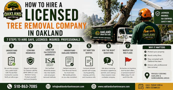 How to Hire a Licensed Tree Removal Company in Oakland 1 Guide showing how to hire a licensed tree removal company in Oakland CA with certified arborists, CSLB C49 license verification, insurance checks, permit guidance, and professional tree removal equipment