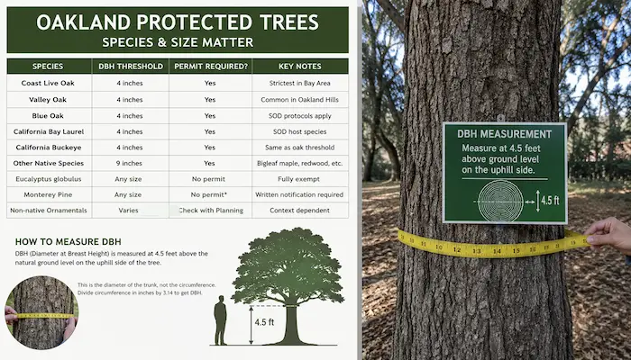 Do You Need a Permit to Remove a Tree on Your Own Property in Oakland? 3 Oakland protected tree species guide showing DBH measurement rules, permit requirements, coast live oak thresholds, eucalyptus exemptions, and Monterey pine notification requirements in Oakland, CA.