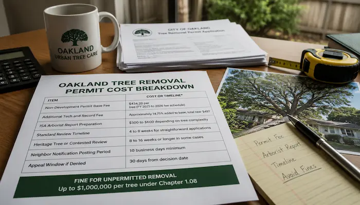 Do You Need a Permit to Remove a Tree on Your Own Property in Oakland? 2 Oakland CA tree removal permit cost breakdown showing application fees arborist report costs review timelines and Chapter 12.36 violation penalties