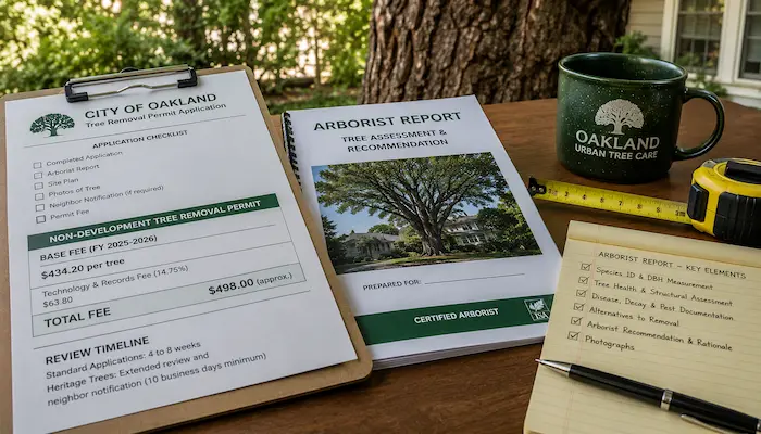 Large Tree Removal in Oakland: What Homeowners Need to Know 2 Large protected oak tree in Oakland being assessed by an ISA Certified Arborist for a Chapter 12.36 tree removal permit application before removal.