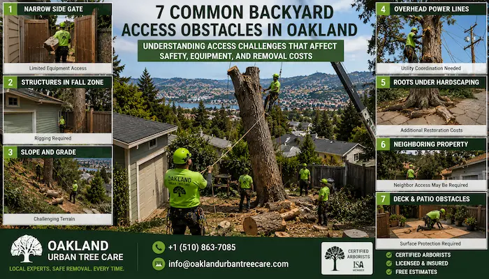 Professional arborists removing a large backyard tree in Oakland while managing narrow gates, power lines, structures, slopes, decks, and neighboring property access challenges.