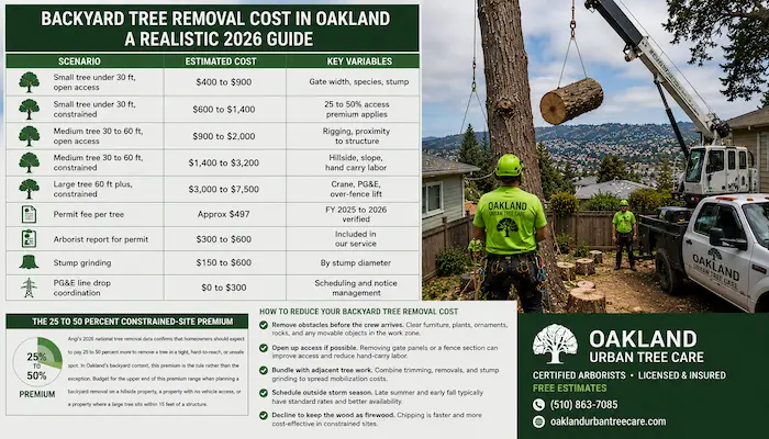 Backyard tree removal cost guide in Oakland, CA showing 2026 pricing for small, medium, and large tree removals, permit fees, arborist reports, stump grinding, and constrained-access backyard removal scenarios.