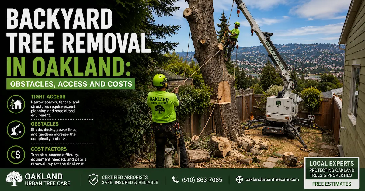 Professional backyard tree removal in Oakland, CA, showing arborists using crane-assisted rigging to remove a large tree in a confined residential backyard with limited access, fences, and nearby structures.