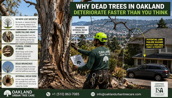 ISA Certified Arborist inspecting a dead coast live oak tree in Oakland, CA with peeling bark, fungal conks, dead branches, and visible decay to assess hazardous tree removal needs.