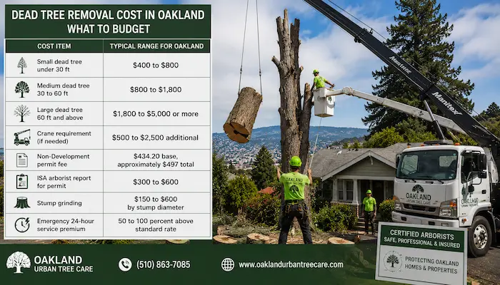 Dead tree removal cost guide in Oakland, CA showing average prices for small, medium, and large dead tree removal, crane services, permits, stump grinding, and emergency tree removal performed by professional arborists.