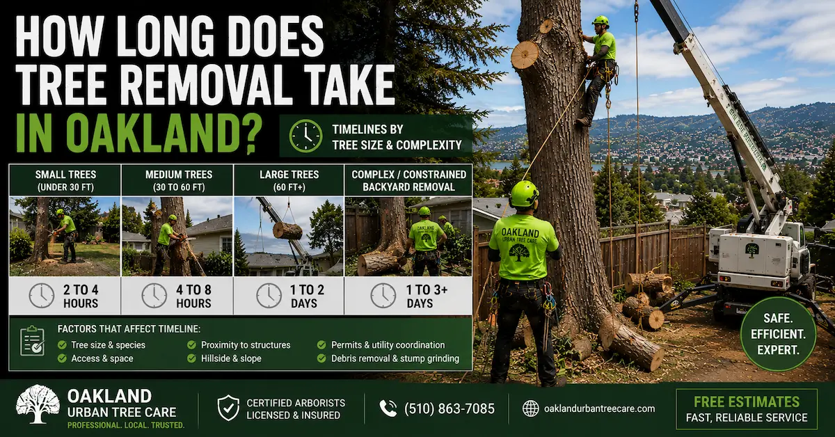 How Long Does Tree Removal Take in Oakland? Professional arborists removing a large tree in Oakland, CA, showing estimated tree removal timelines based on tree size, site access, crane requirements, hillside conditions, and project complexity.