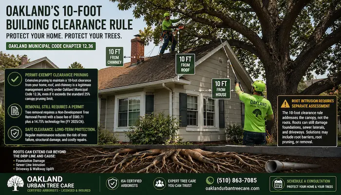 ISA Certified arborists maintaining Oakland's 10-foot building clearance rule by pruning a tree near a residential home, showing safe canopy clearance from roofs, chimneys, and structures while highlighting potential root intrusion risks.
