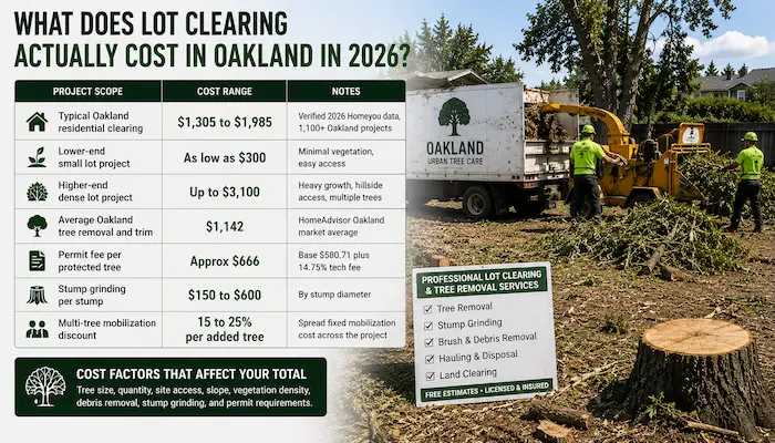 What Does Lot Clearing Actually Cost in Oakland in 2026? Professional lot clearing and multi-tree removal project in Oakland, CA, showing arborists clearing vegetation, stump removal, debris hauling, and cost factors affecting residential land clearing services.