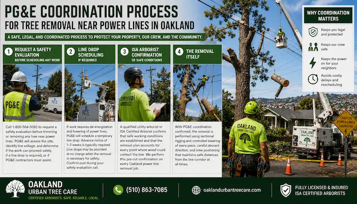 PG&E coordination process for tree removal near power lines in Oakland, CA, showing utility workers, ISA Certified Arborists, safety evaluation, line drop scheduling, and controlled tree removal near overhead electrical lines.