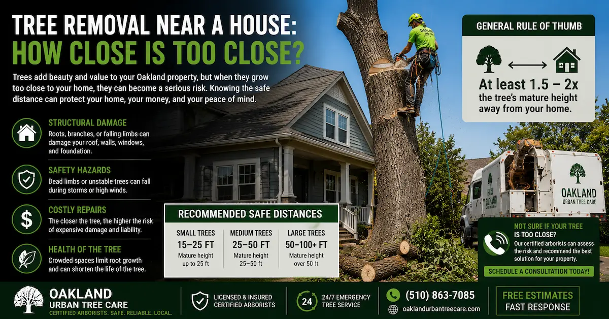 Tree Removal Near a House: How Close Is Too Close? ISA Certified arborist removing a large tree near a residential home in Oakland, CA, showing safe tree-to-house distances, structural risk assessment, roof clearance requirements, and professional tree management.