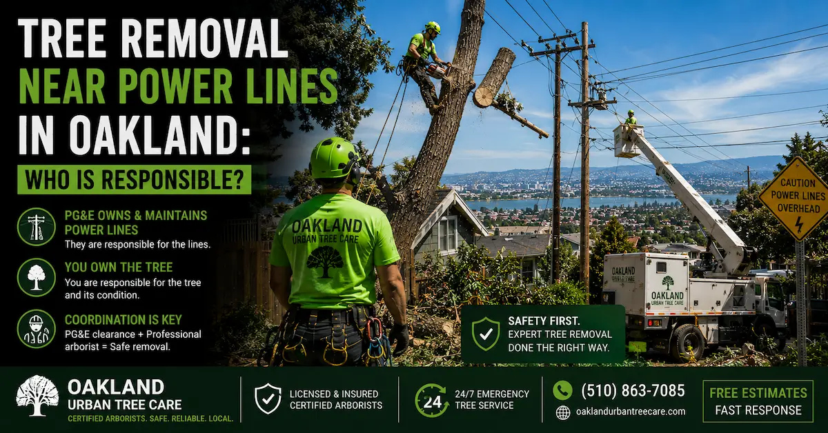 Tree Removal Near Power Lines in Oakland: Who Is Responsible? ISA Certified arborists safely removing a tree near PG&E power lines in Oakland, CA, demonstrating utility coordination, bucket truck operations, and professional tree removal procedures.