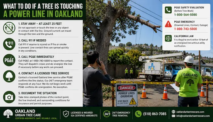 Tree touching a power line in Oakland, California, showing PG&E emergency response, utility workers, safety perimeter, and ISA Certified Arborists following proper emergency tree removal procedures near energized power lines.
