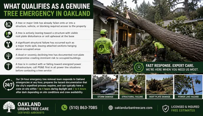Emergency tree removal in Oakland, CA showing a large fallen tree on a residential home, hazardous storm damage, structural failure, root plate disturbance, and certified arborists responding to an urgent tree emergency.