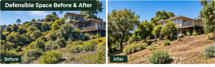 Before and after defensible space clearing in the Oakland Hills, CA
